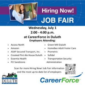 July 1 2026 Hiring Now Job Fair Social Media Graphic Hiring Now Job Fair flyer for July 1 at Duluth MN CareerForce